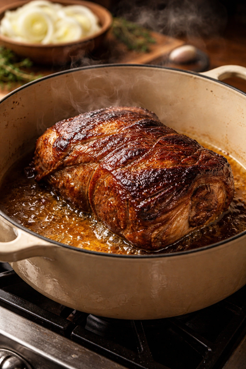 Pork shoulder browning in a cast-iron Dutch oven with onions nearby.