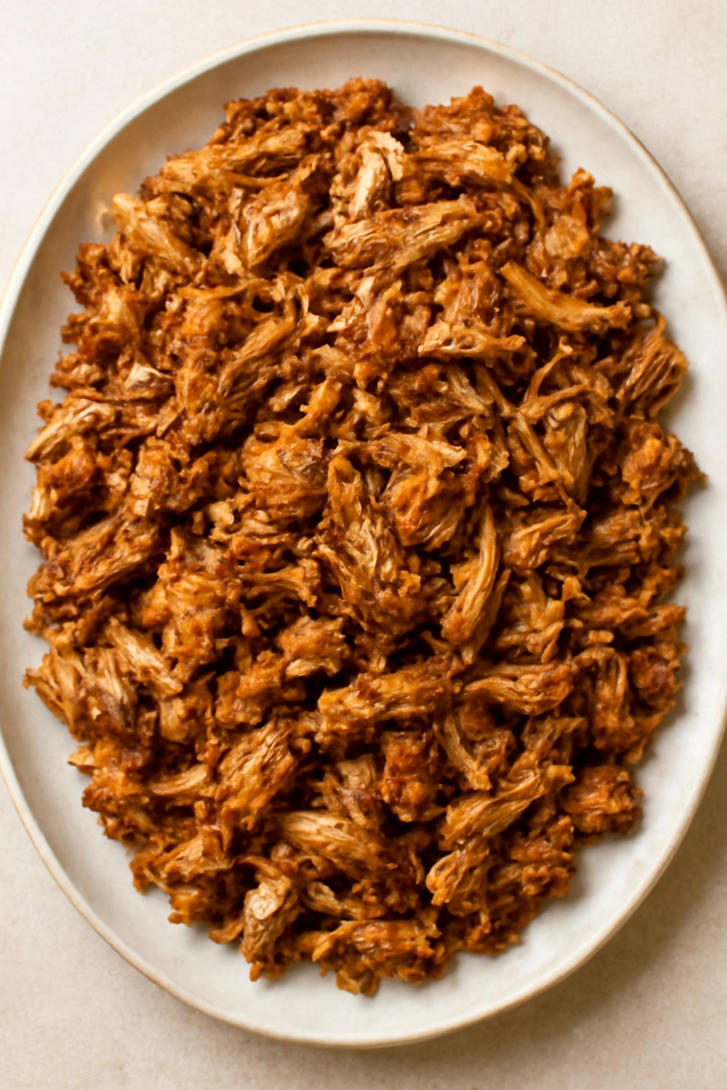 Pork carnitas on a platter with shredded meat and crisp edges