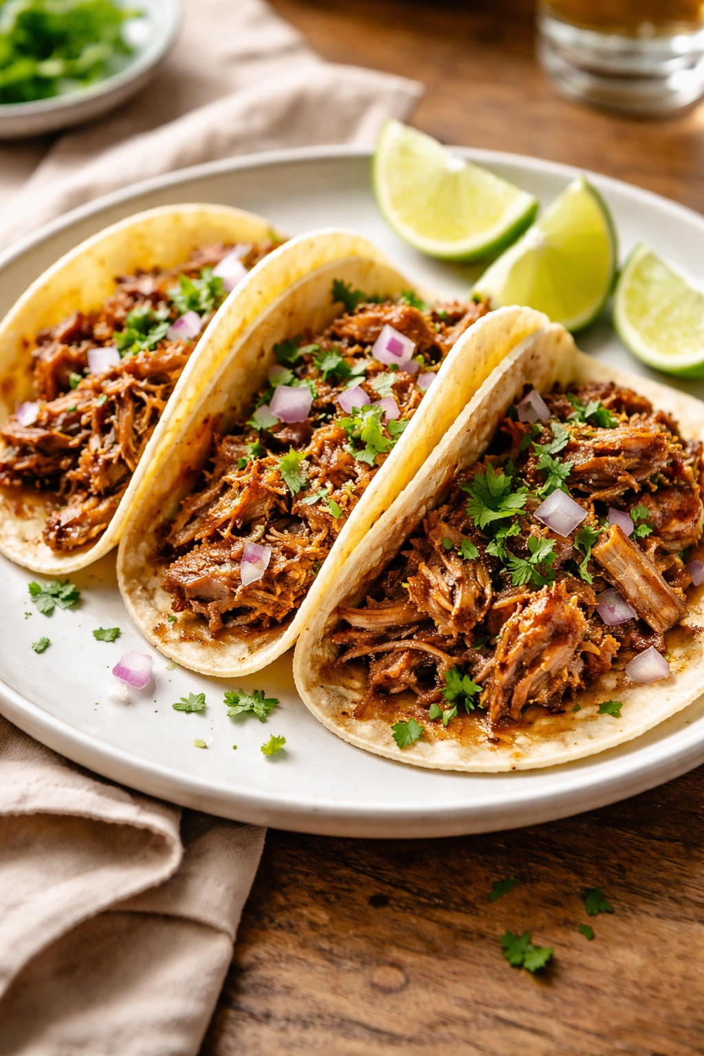 Tacos filled with juicy pork carnitas on a plate