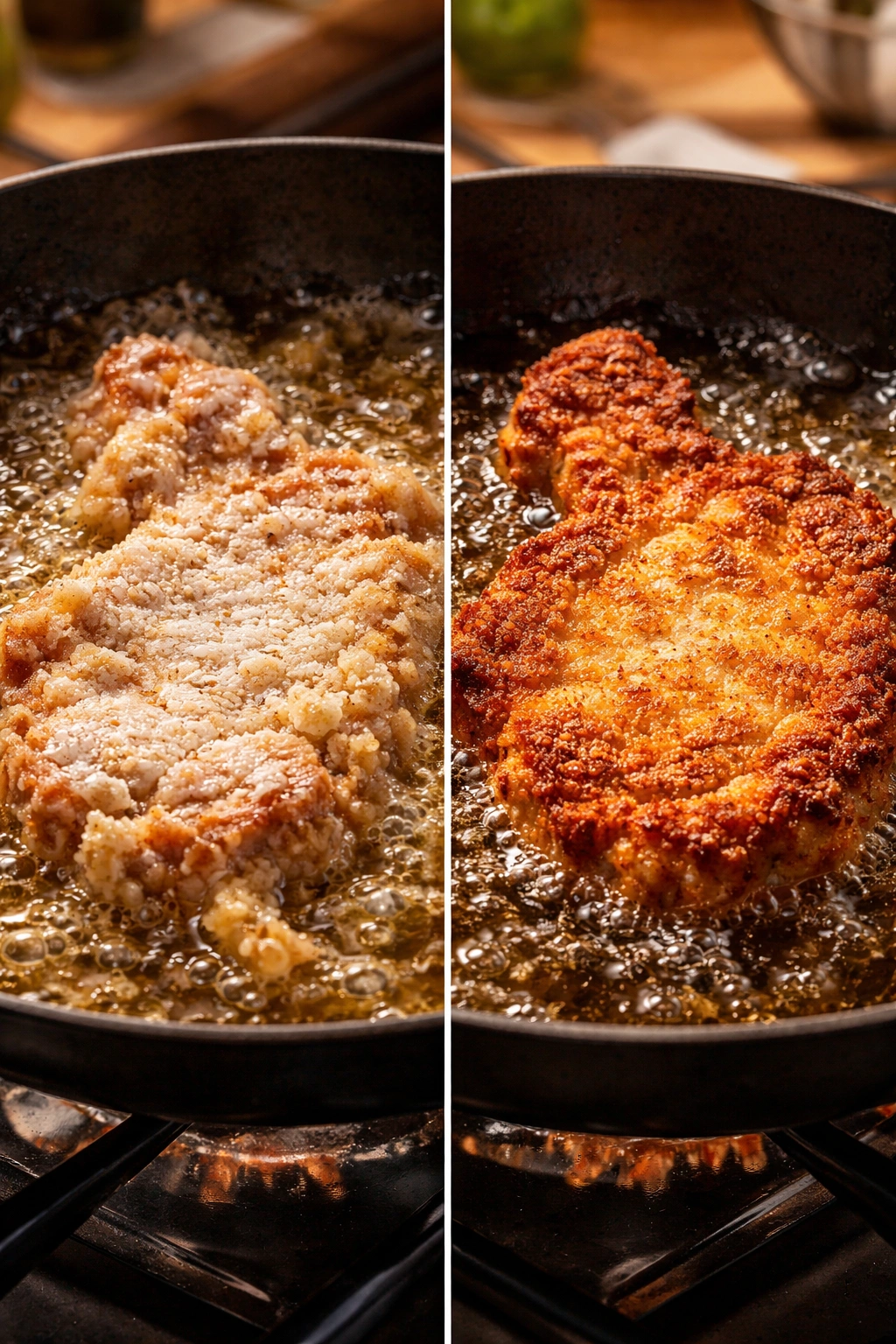 Split-screen illustration of breading mistakes and proper crust on pork chops