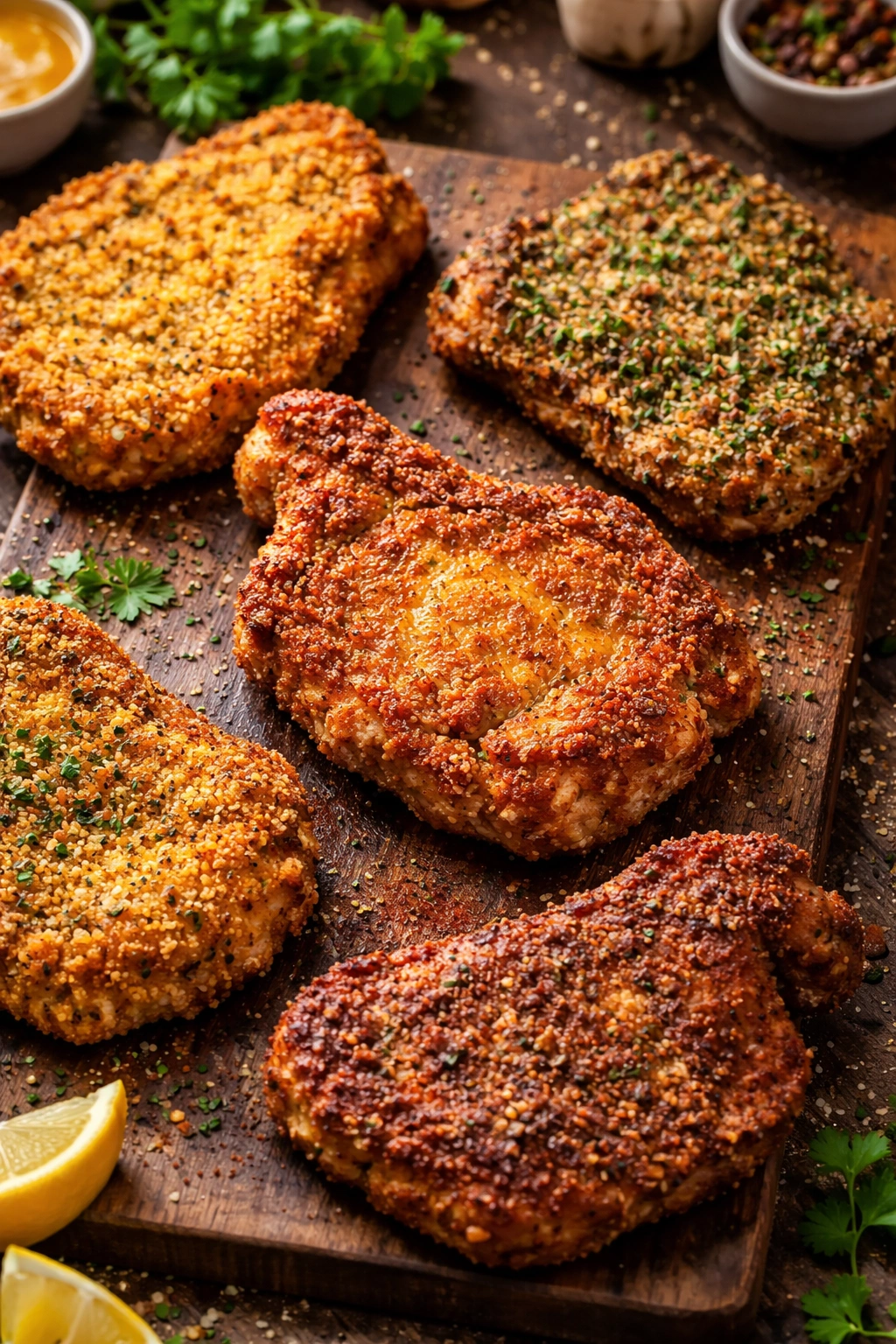 Pork chop with four crust variations on a wooden board