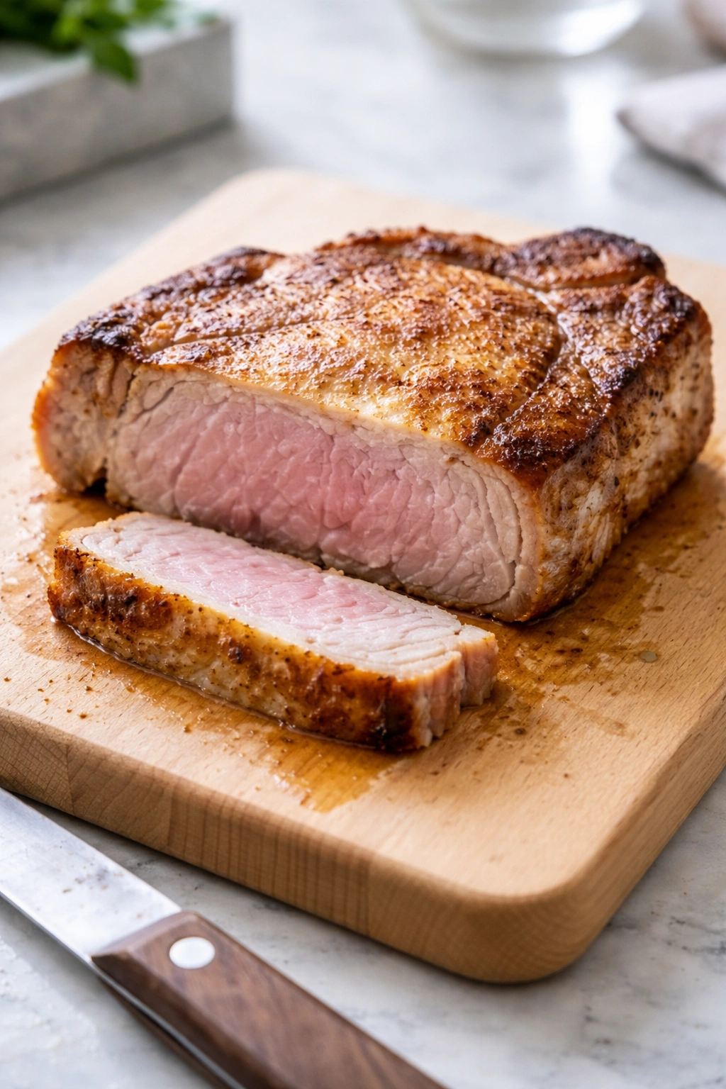 Close-up of a pork chop with dry exterior and pink center on wood