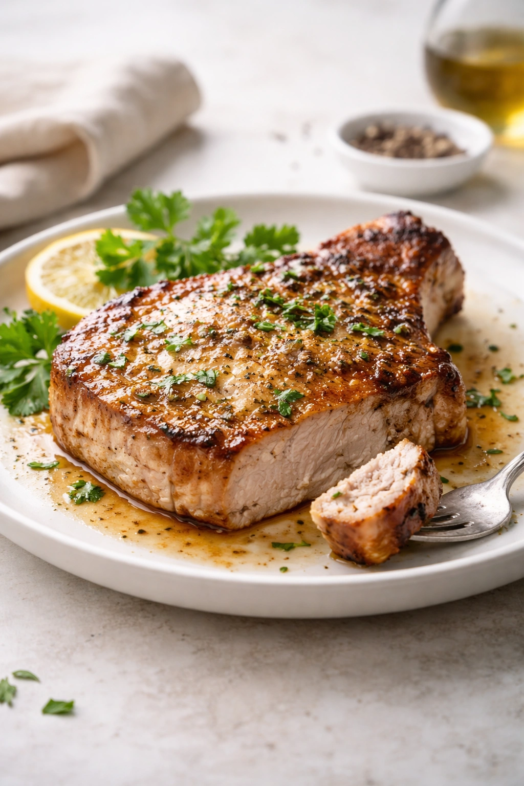 Juicy pork chop plated simply with soft lighting