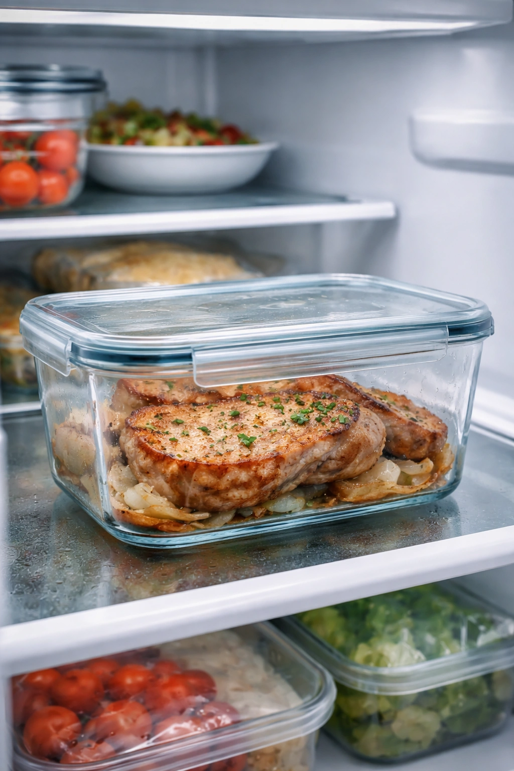 Cooked pork chop stored in clear airtight container in fridge