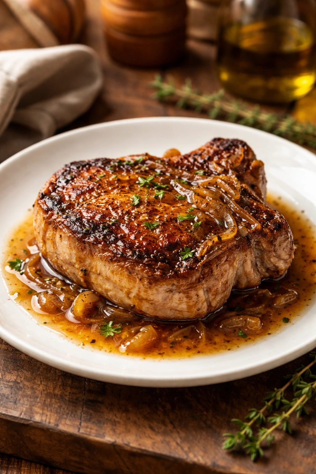 Close-up of a thick seared pork chop with onion gravy on a white plate in a warm kitchen