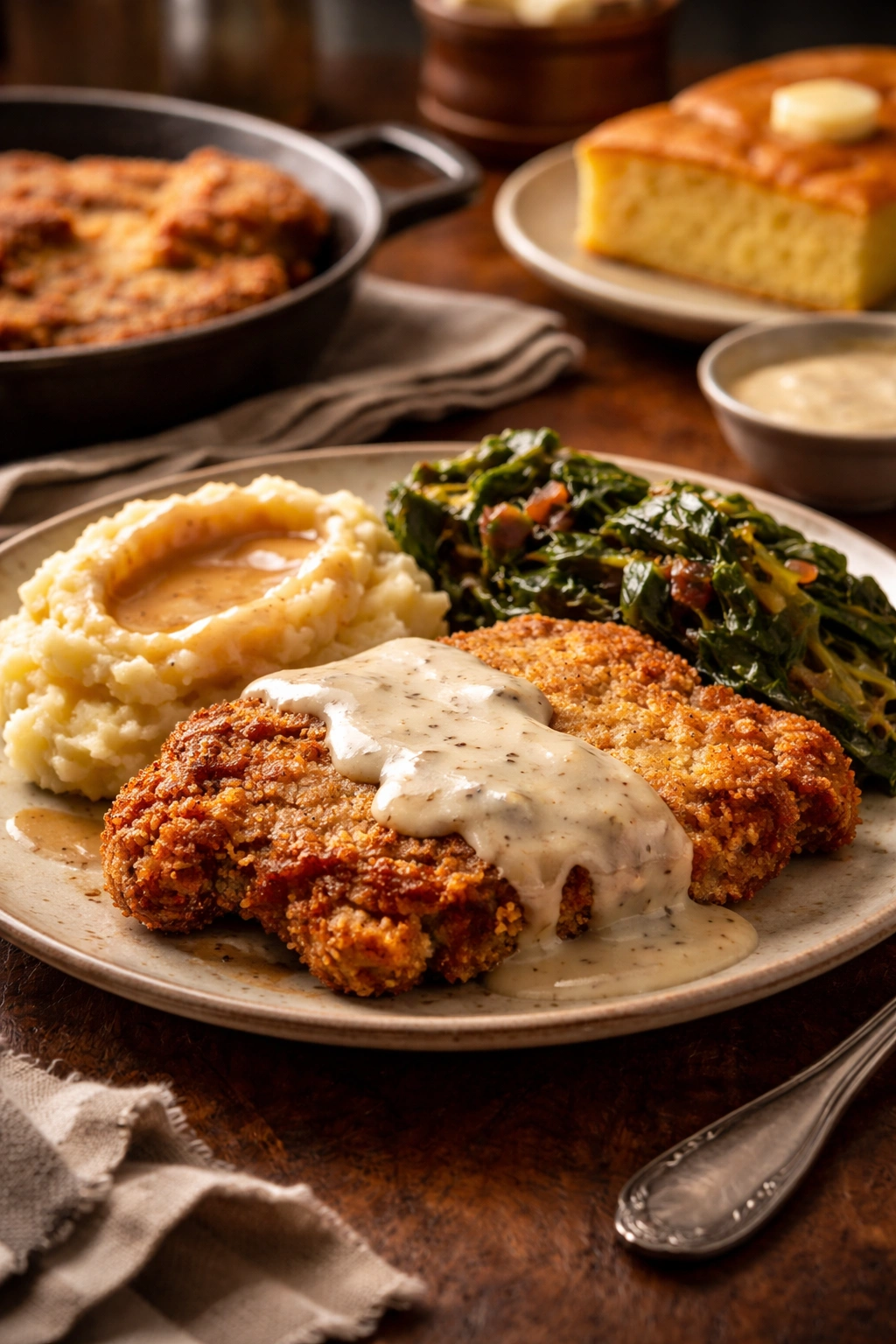 Plate of country fried pork chop with mashed potatoes and greens