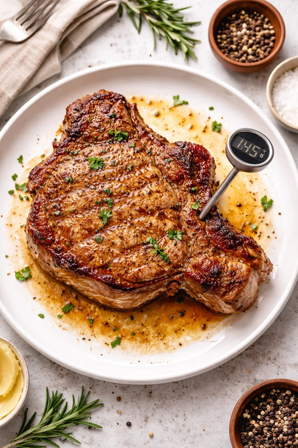 Cooked pork chop resting on plate with juices