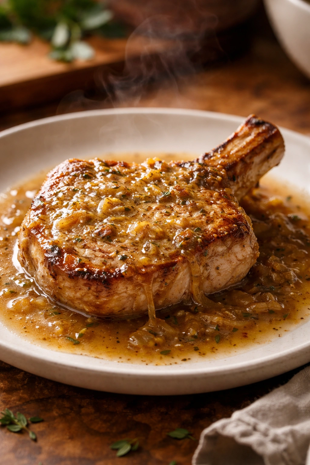 Close-up of a bone-in pork chop resting in gravy on a plate, showcasing juiciness
