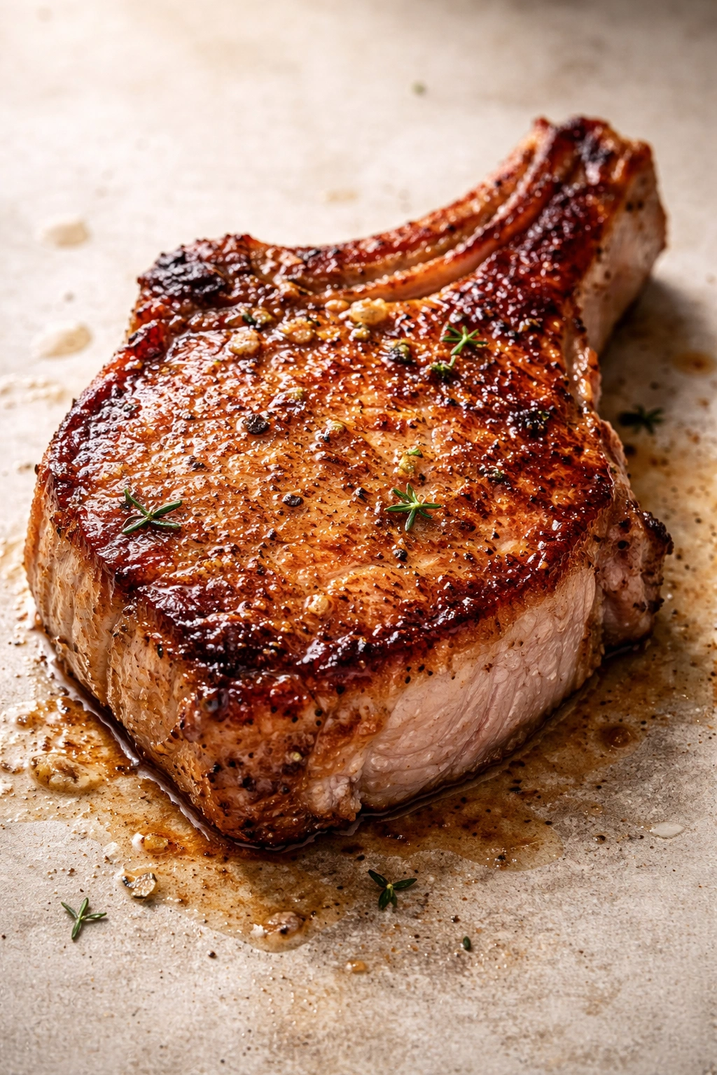 Pork chop with deep golden crust and juicy interior on neutral surface