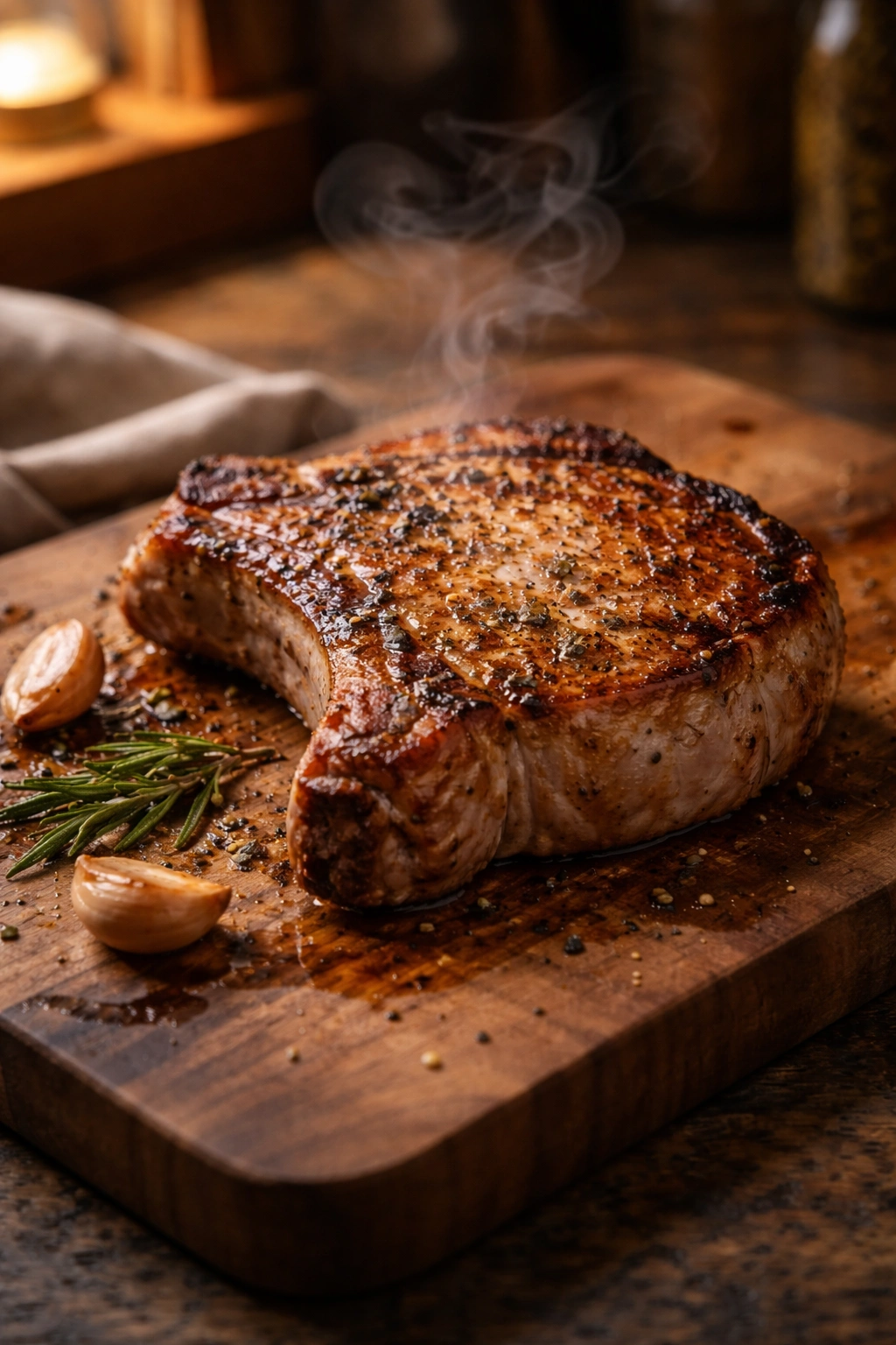 Pork chop resting on cutting board, warm kitchen lighting