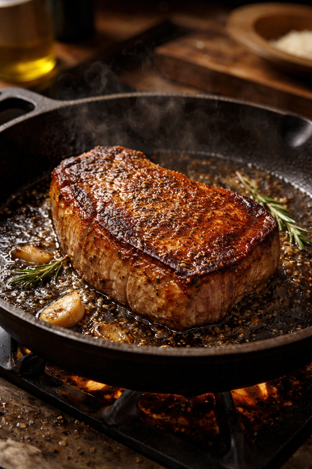 Close-up of a thick pork chop browning in a skillet with a dry surface