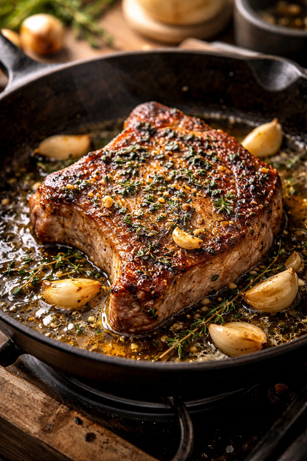 Pork chop with garlic and fresh herbs searing in butter