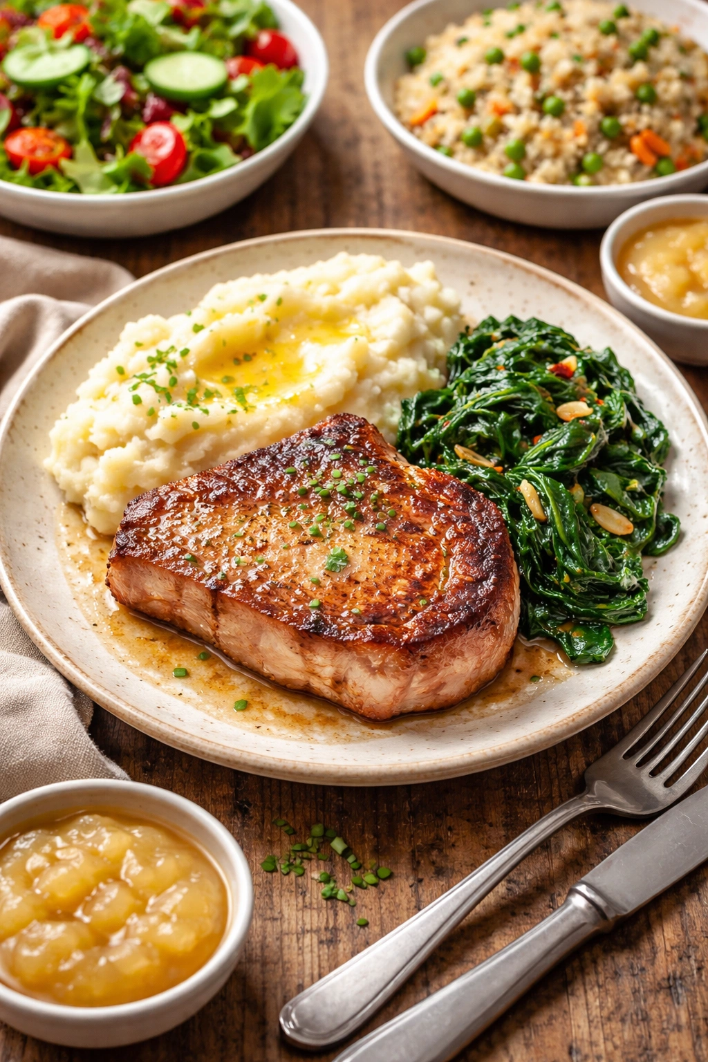 Seared pork chop with mashed potatoes and greens on plate