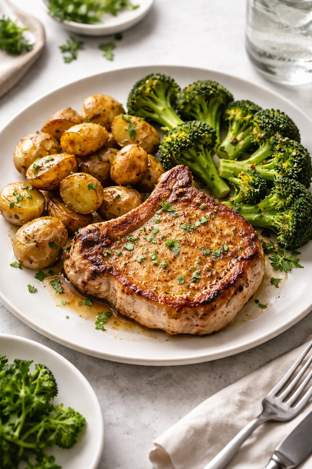 Pork chop plated with roasted potatoes and broccoli