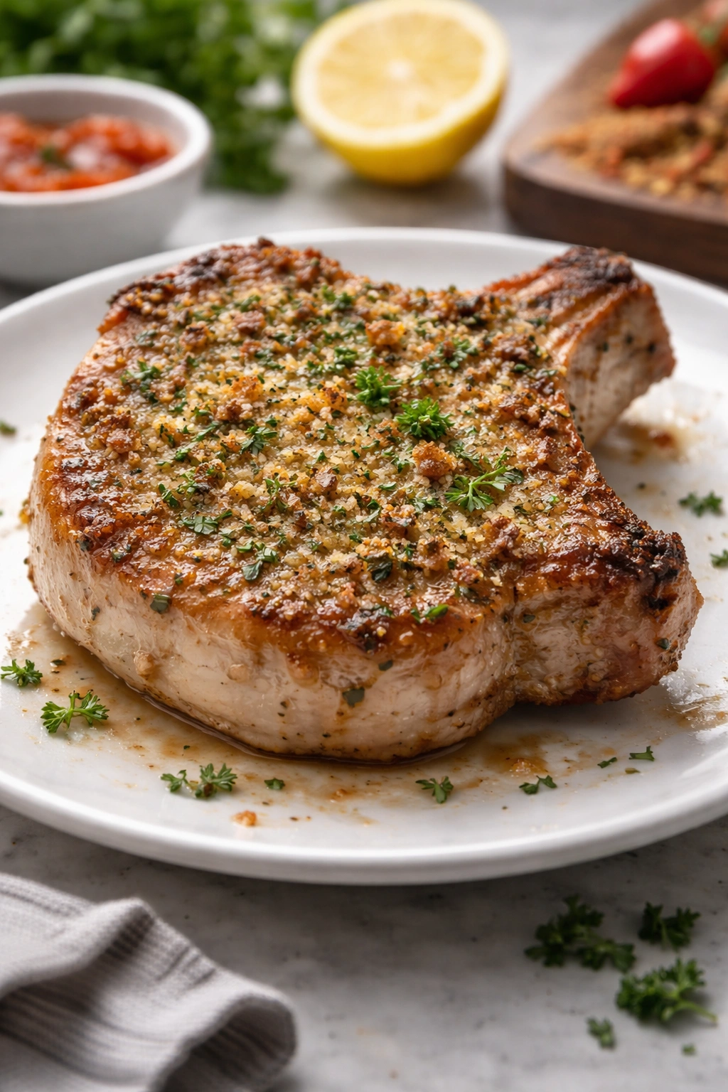 Pork chop with herb crust on plain plate