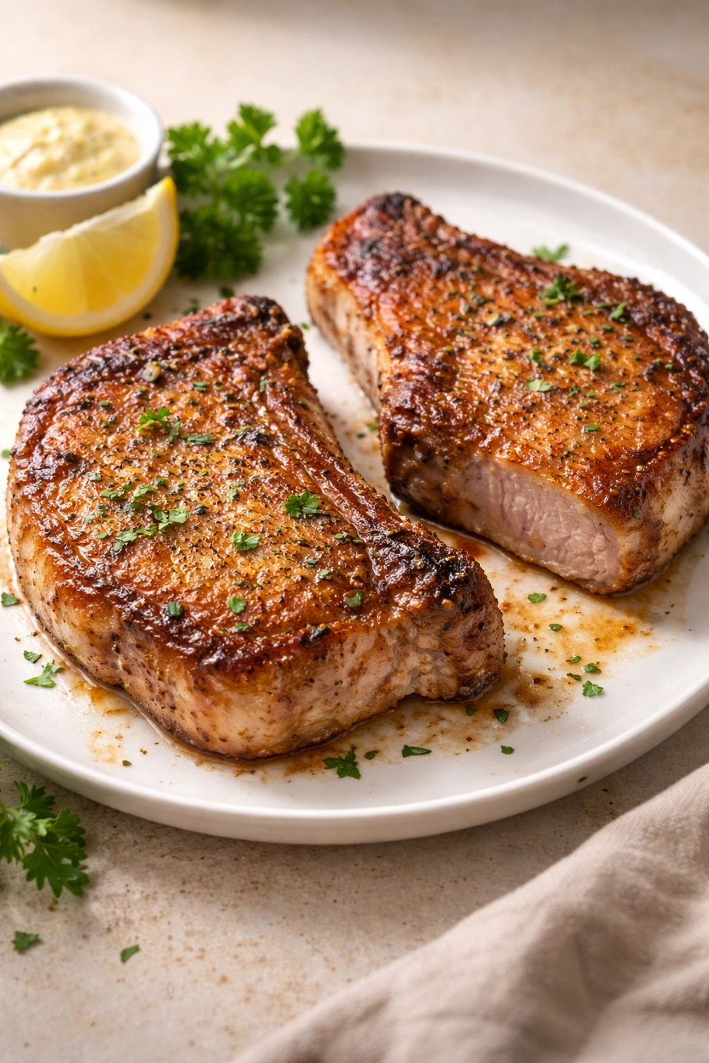 Two pork chops with golden crust on plate