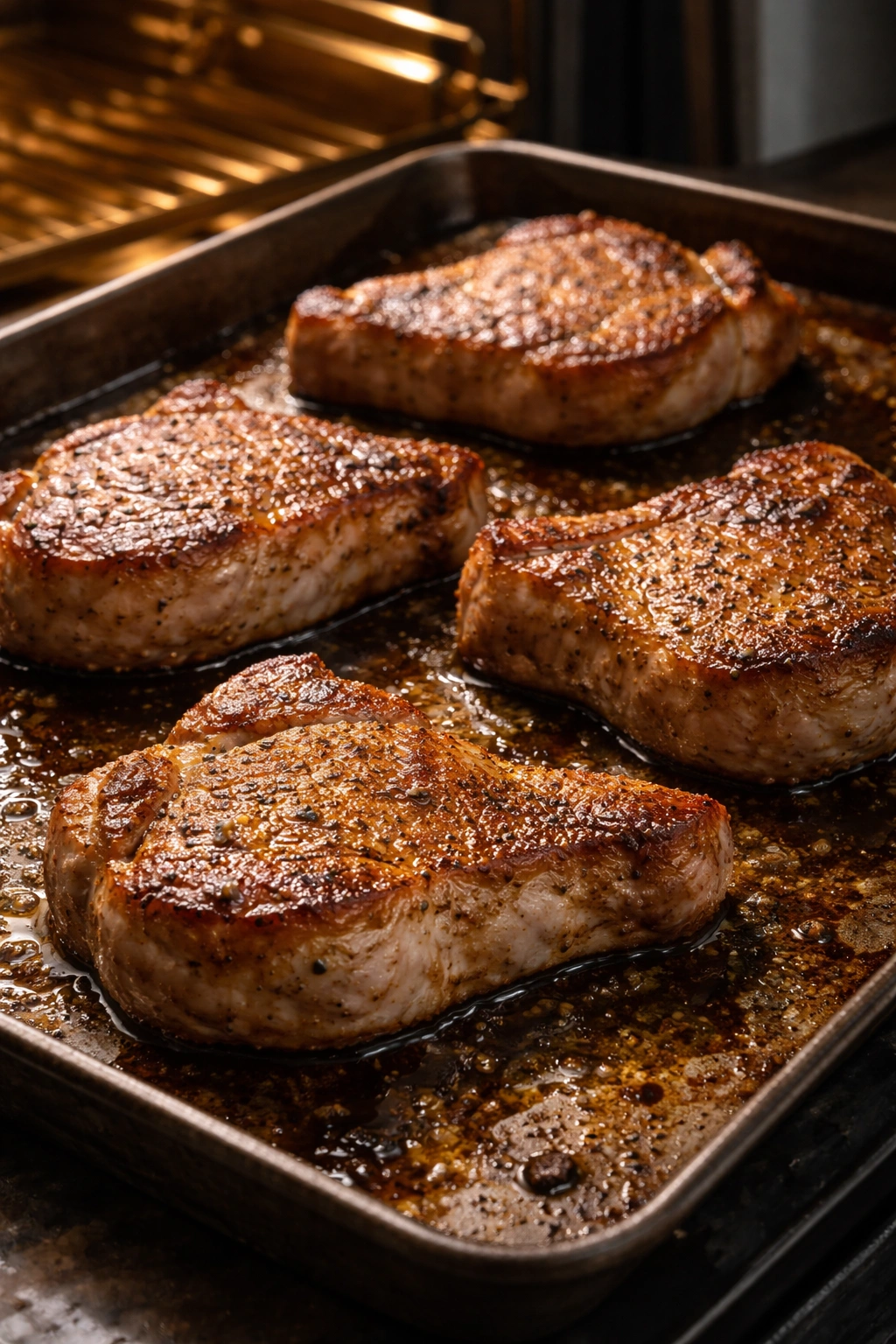 Pork chops browning on a hot baking sheet