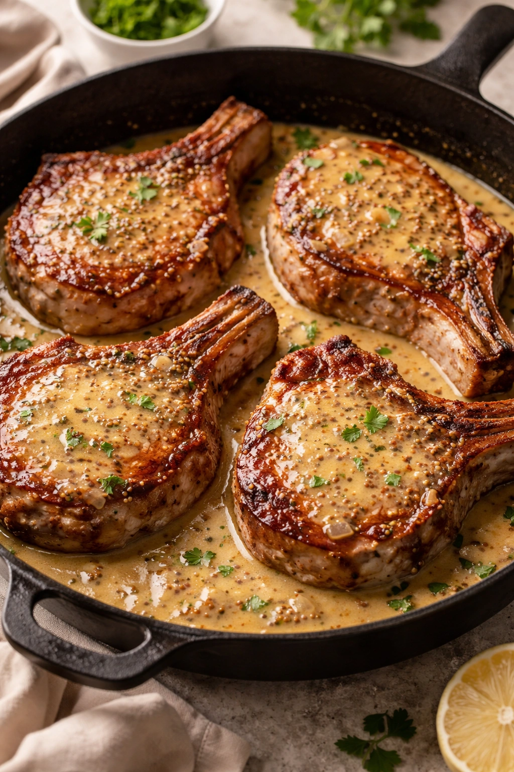 Pork chops seared in skillet with Dijon cream sauce