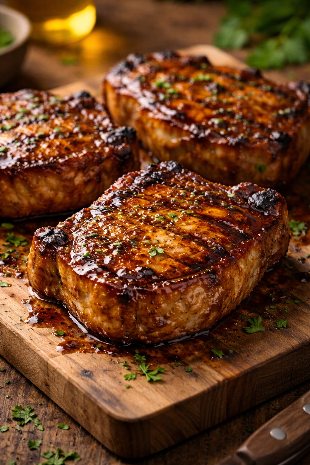 Pork chops with a glossy honey-Dijon glaze on a wooden board