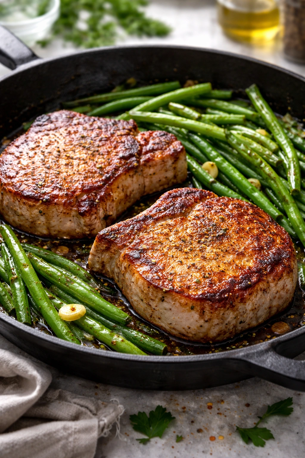 Seared pork chops with green beans and garlic in a skillet