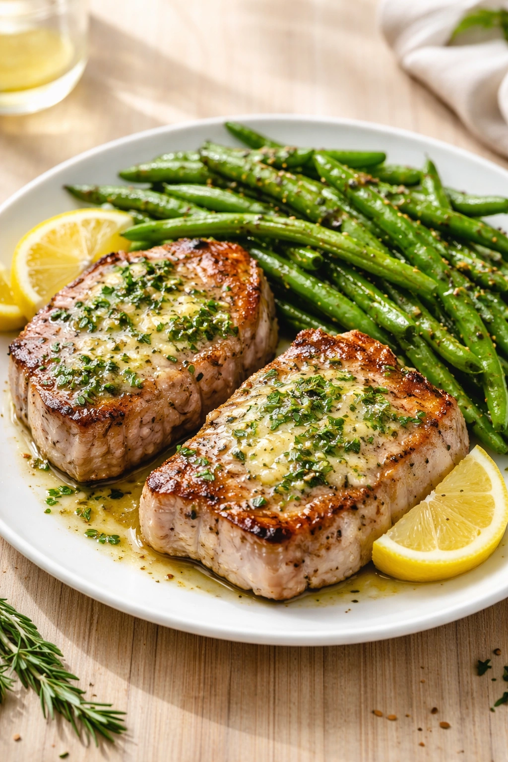 Lemon herb pork chops with green beans plated for keto dinner