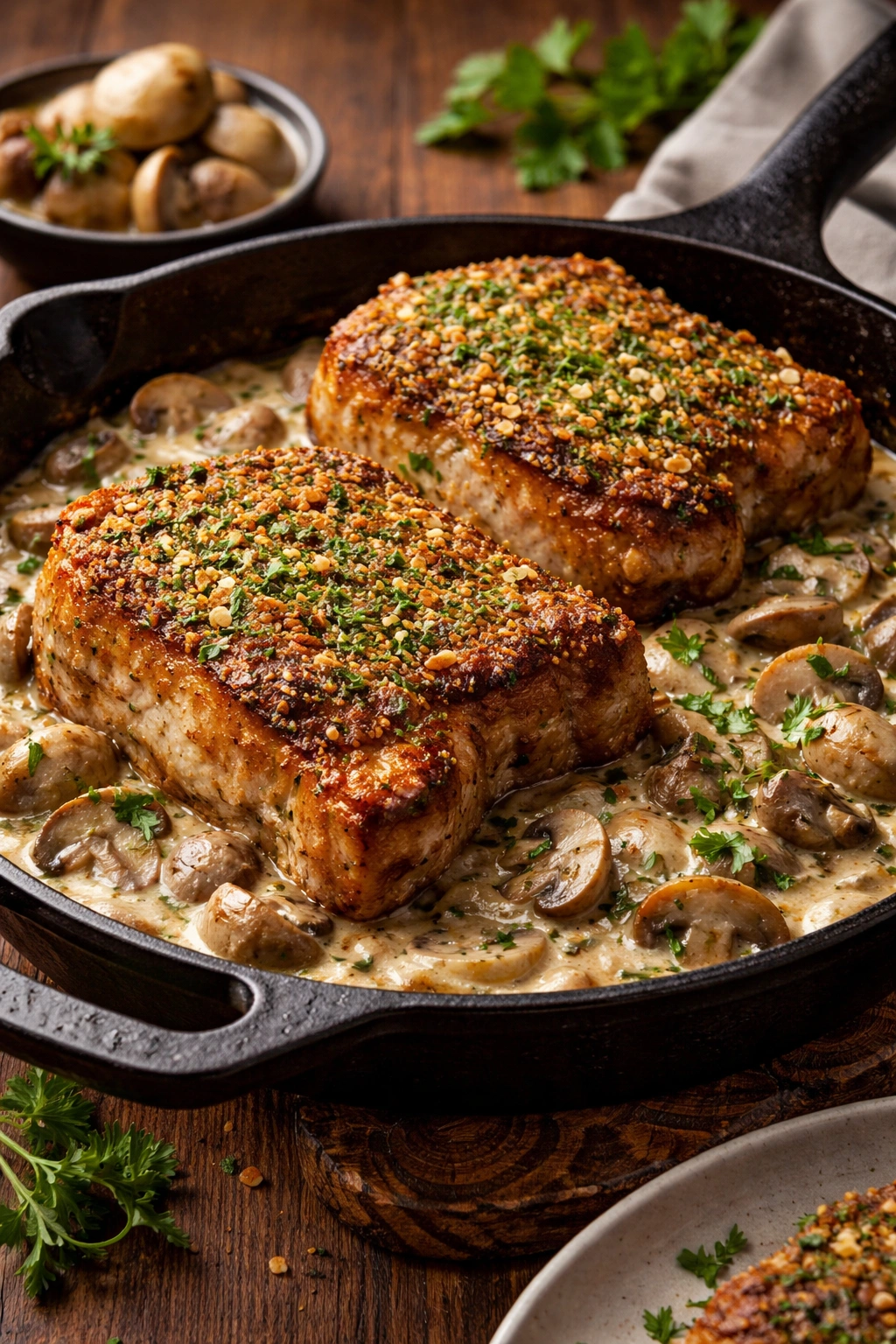 Herb-crusted pork chops with creamy mushroom sauce