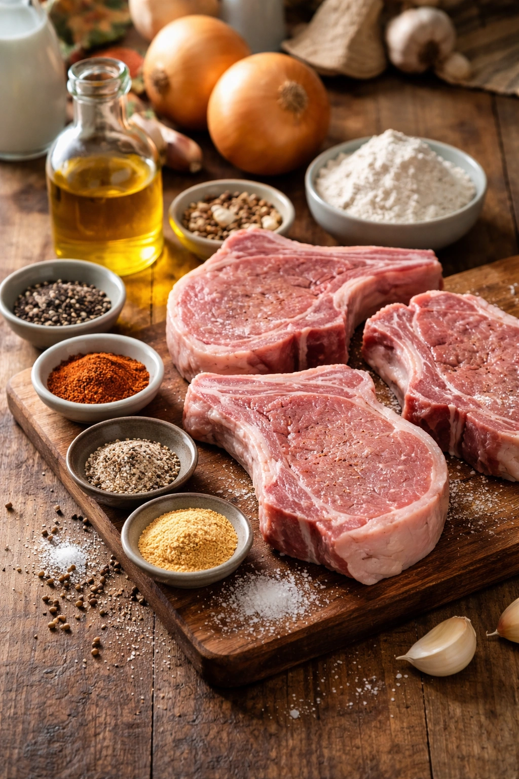 Bone-in pork chops with oil and seasonings on a wooden surface