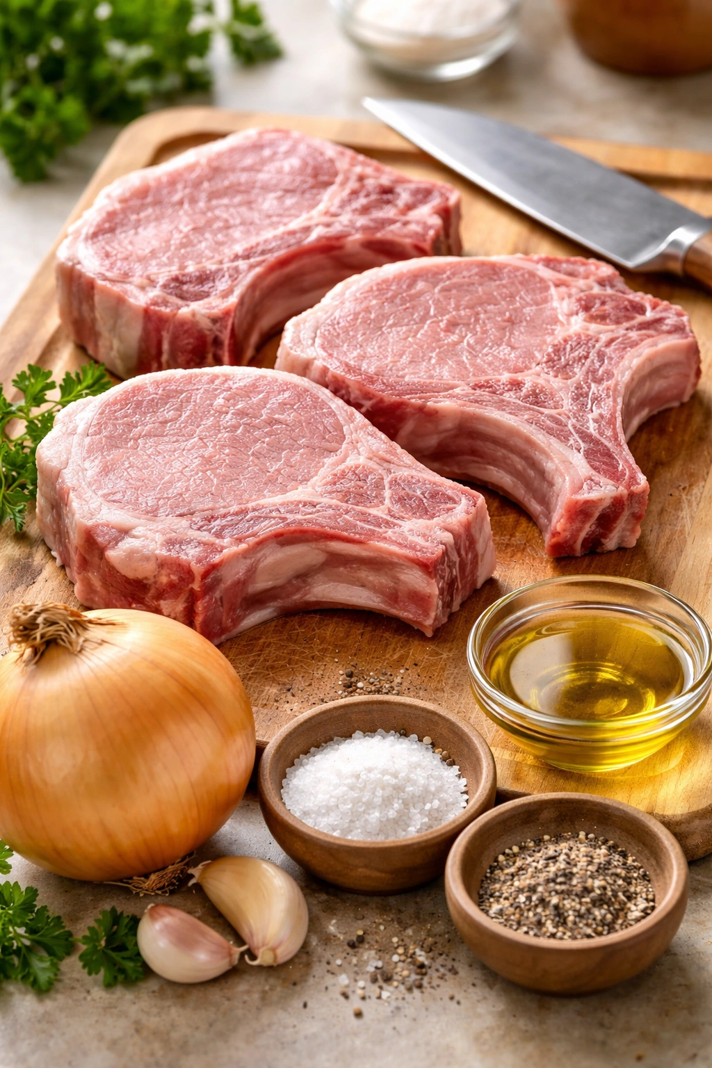 Bone-in pork chops and yellow onion on cutting board ready for prep.