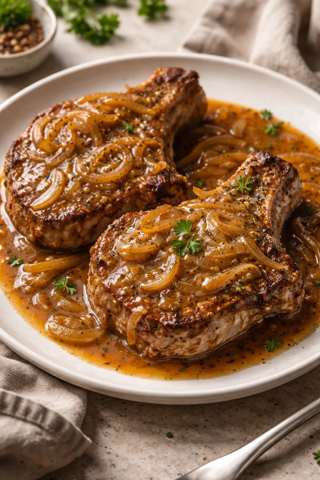 Plate of smothered pork chops in onion gravy with onions