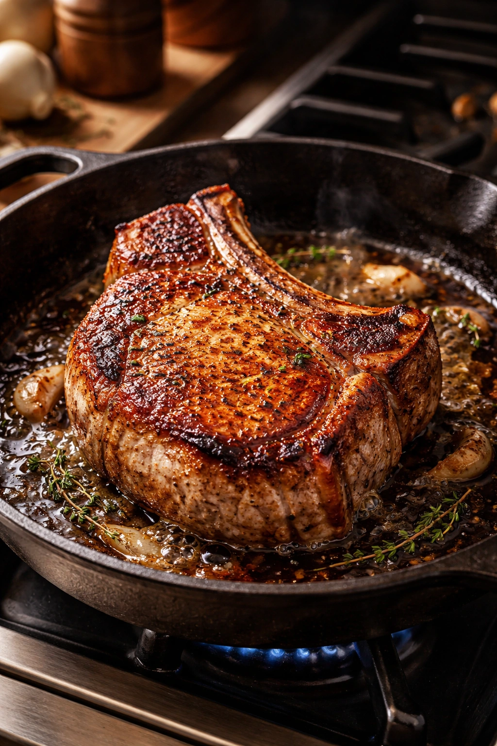 Close-up of a bone-in pork chop browning in a cast iron skillet