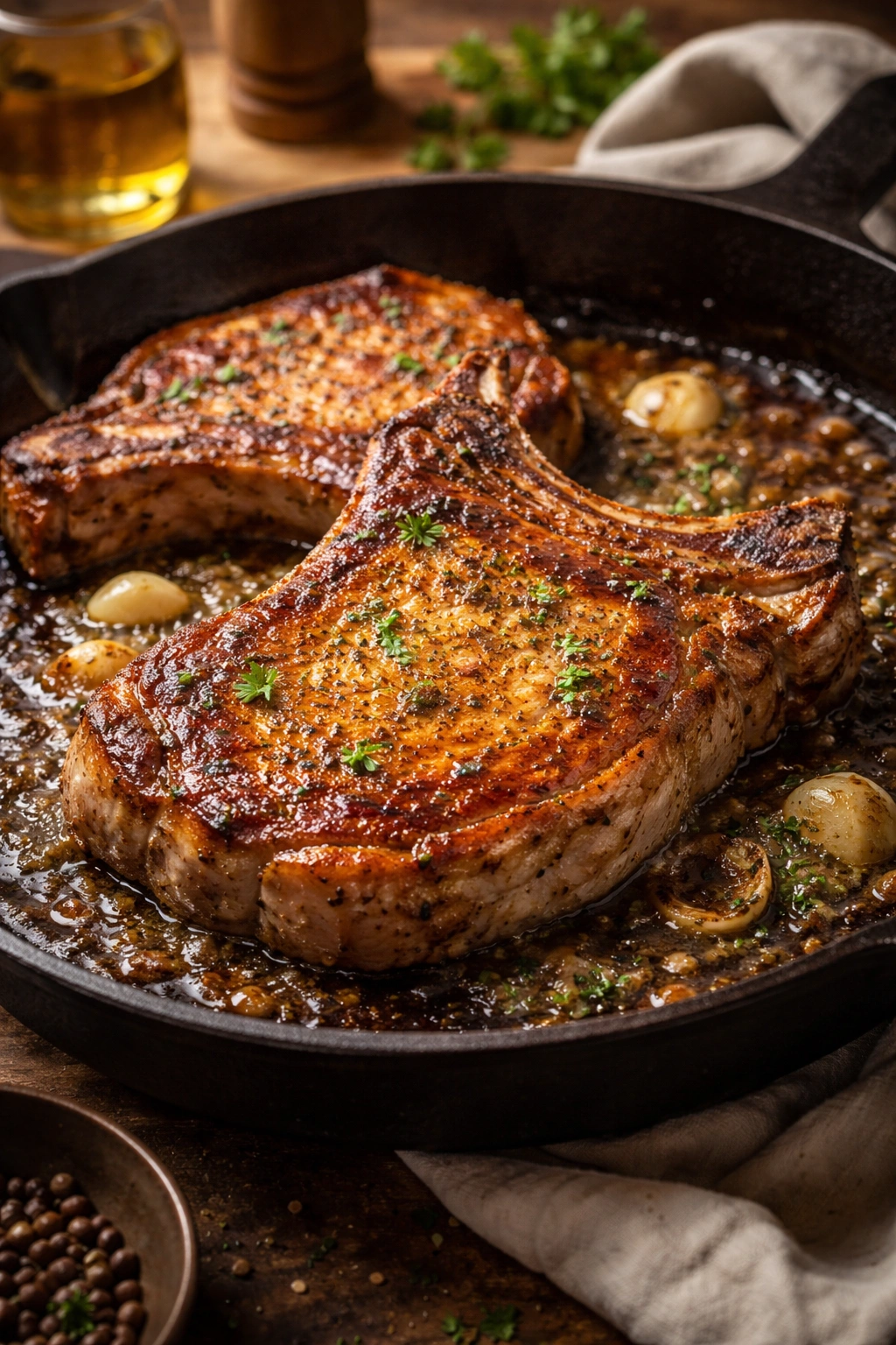 Close-up of a bone-in pork chop searing in a hot skillet with a golden crust.