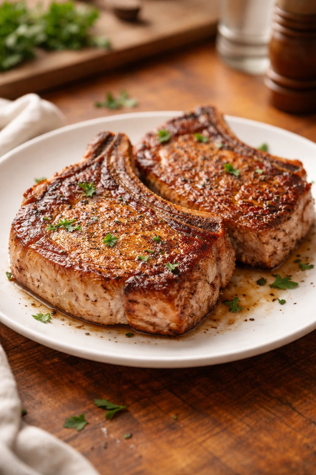 Close-up of seared pork chops on a white plate with golden crust