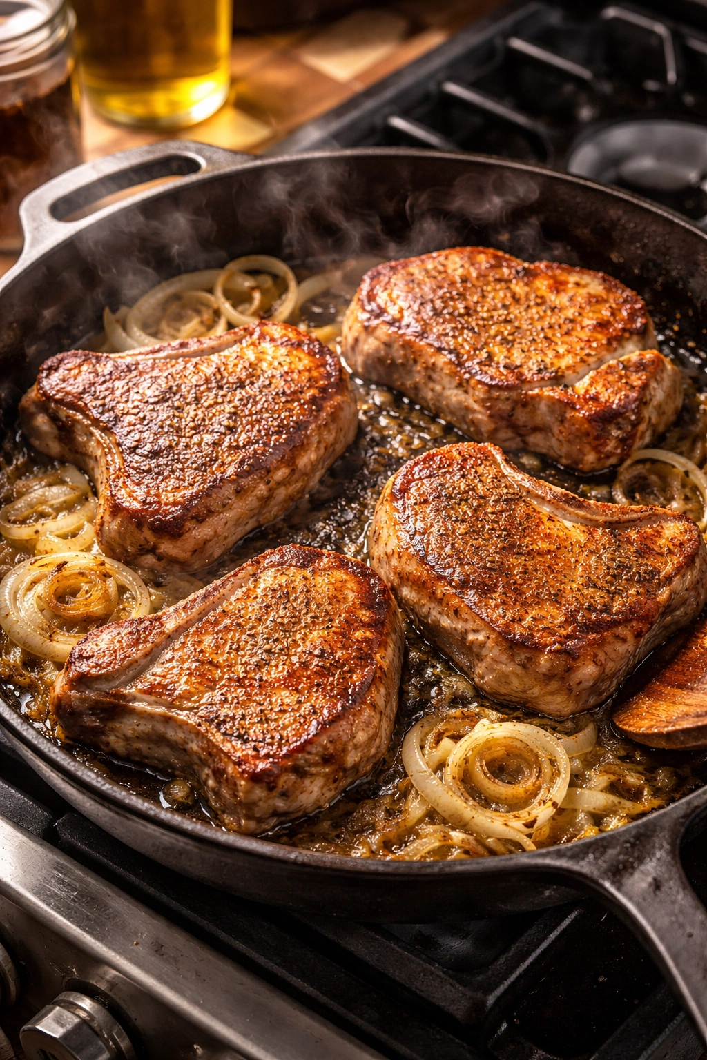 Pork chops browning in a skillet with onions during searing