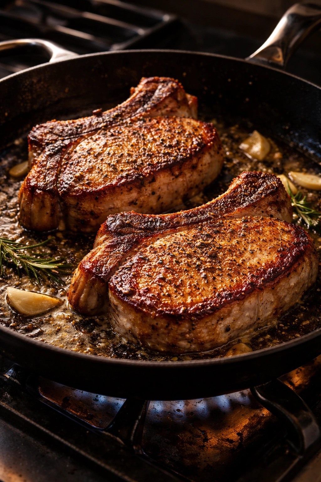 Pork chops sizzling in a hot skillet with a golden crust