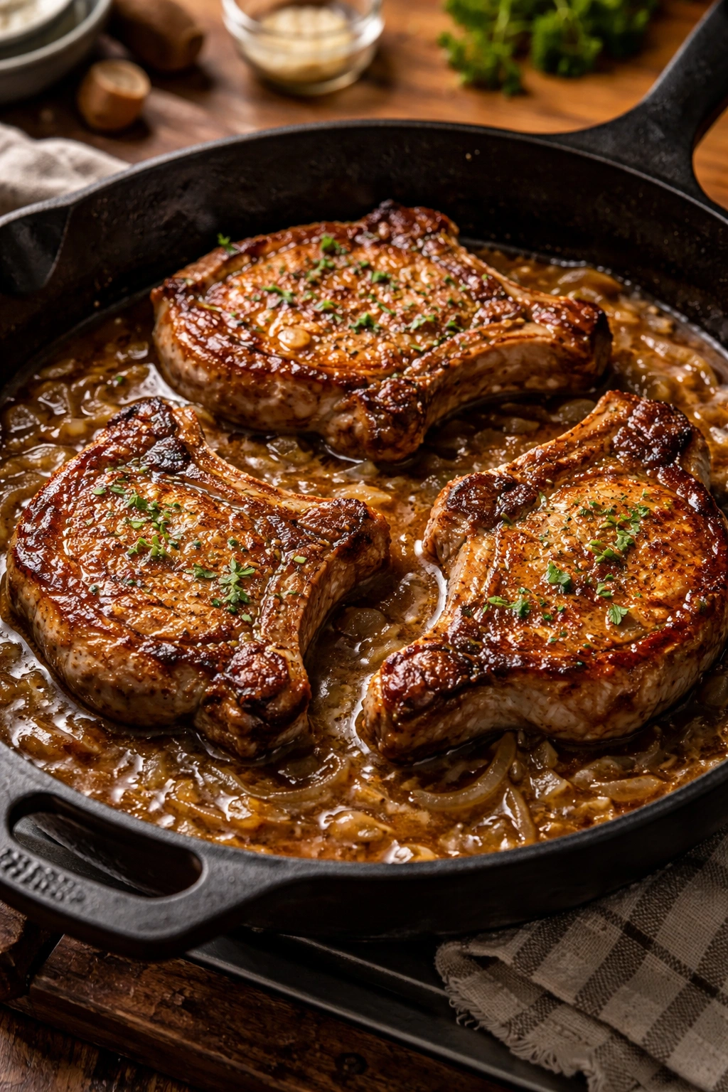 Close-up of pork chops searing in a cast-iron skillet with onions and gravy in a warm kitchen