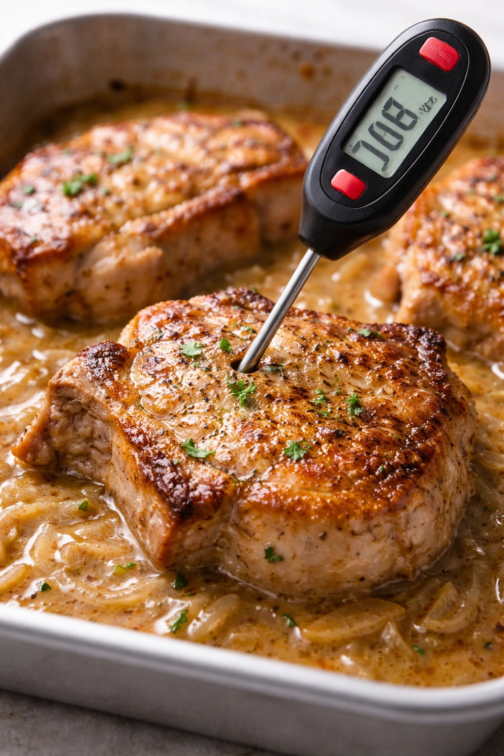 Pork chop with thermometer checking doneness, juicy and not dry