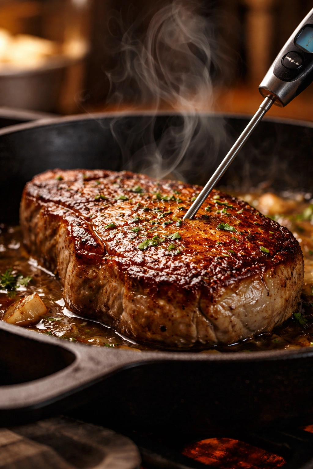 Juicy pork chop with a thermometer probe for doneness