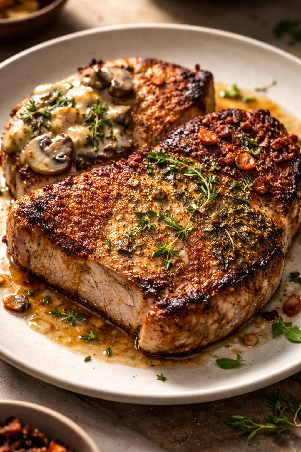 Pork chop showing varied crust textures implying different flavors
