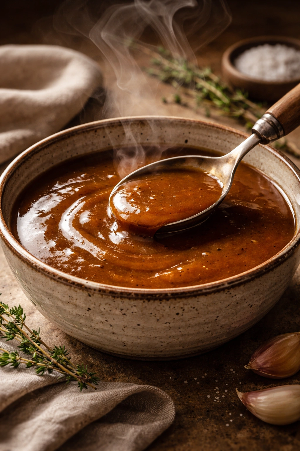 Glossy gravy in a rustic bowl with soft lighting