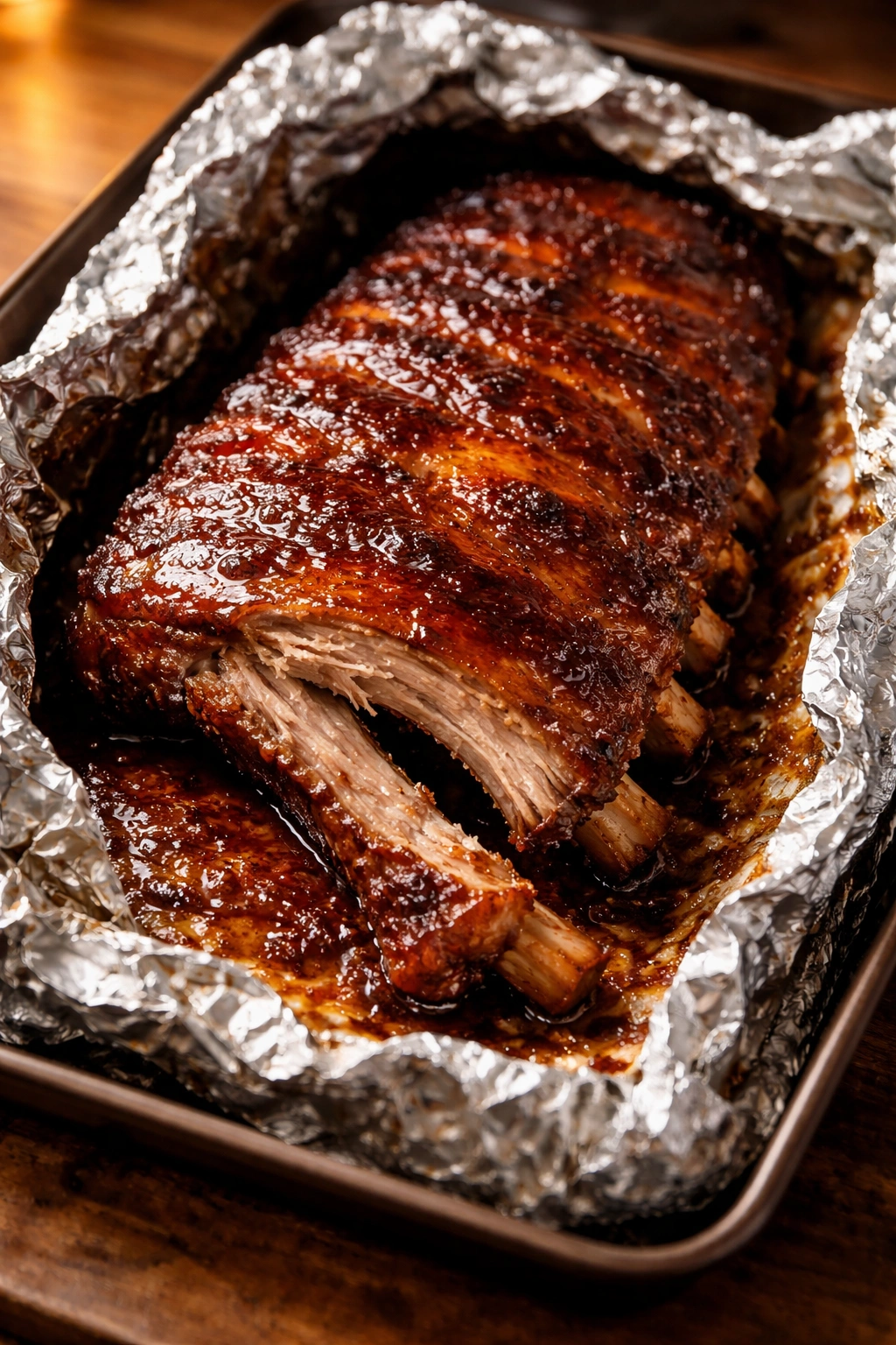 Pork ribs on foil-lined baking sheet with glossy glaze under warm oven light
