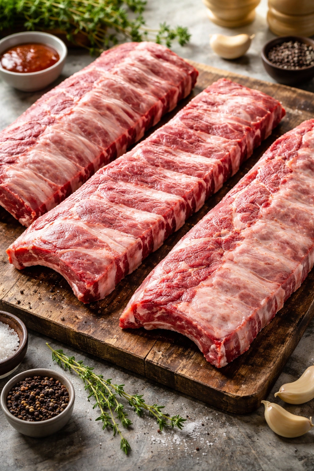 Raw pork ribs on wooden board