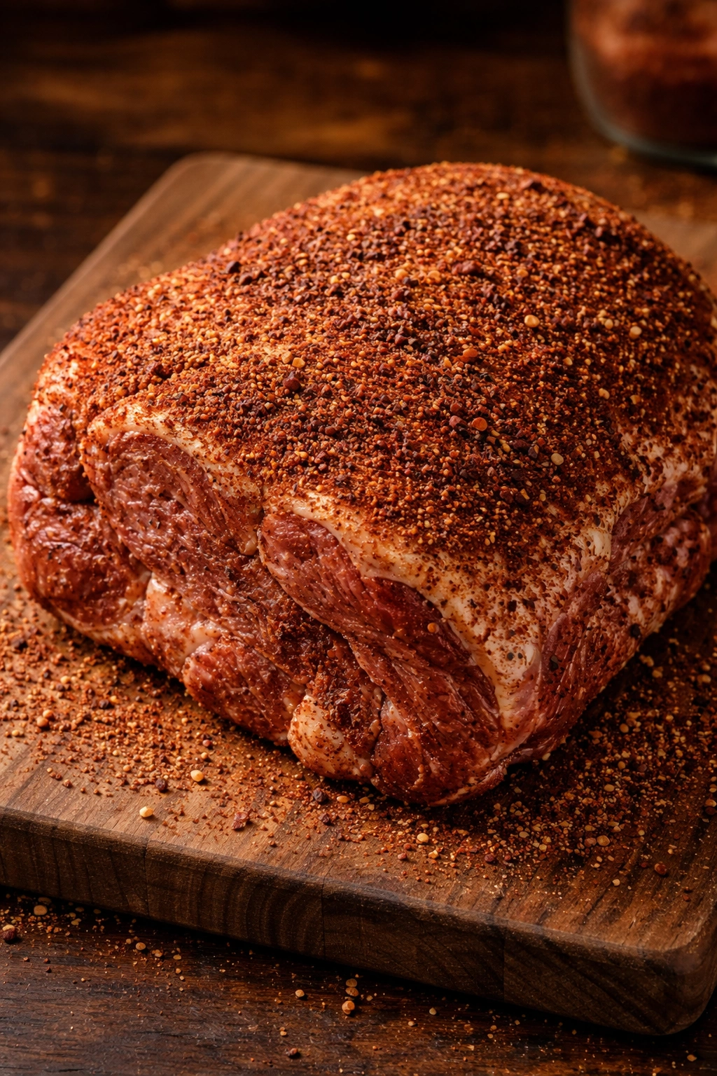 Pork shoulder with rub coating showing color penetration