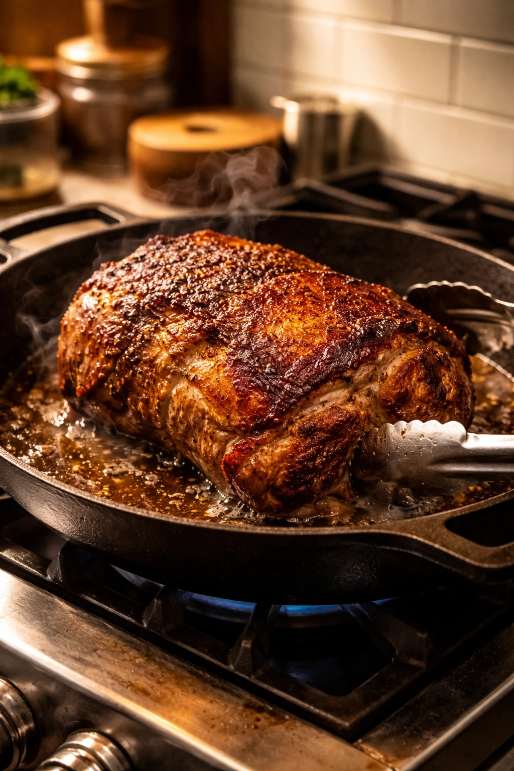 Pork shoulder with a perfect brown crust searing in a skillet