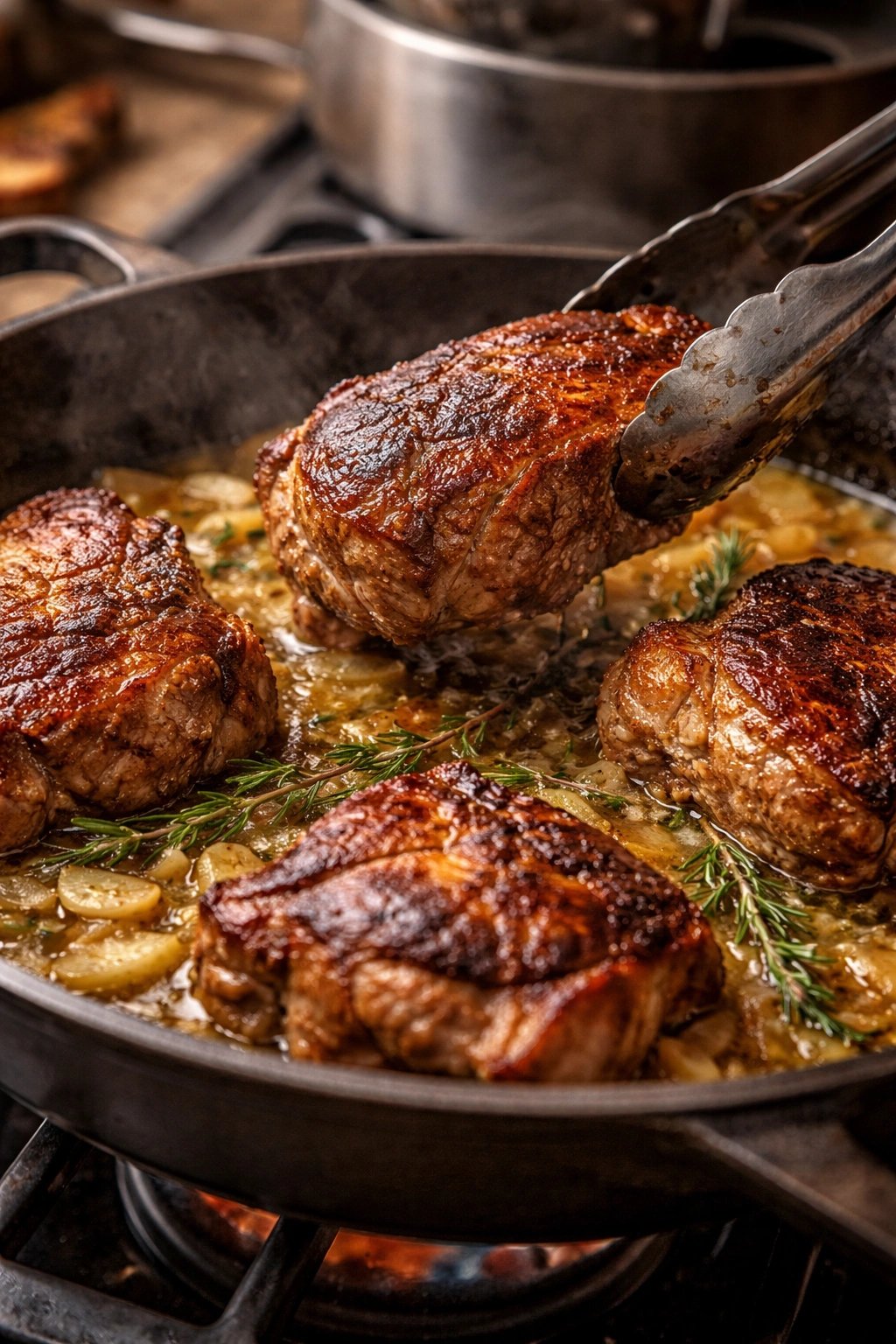 Pork seared to deep mahogany crust in a skillet with tongs.