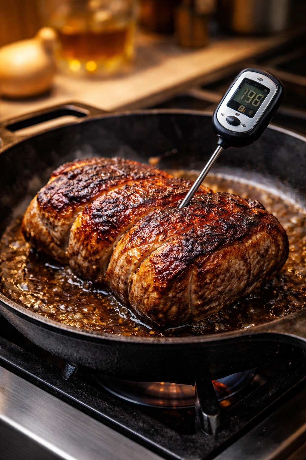 Seared pork in a hot skillet with thermometer