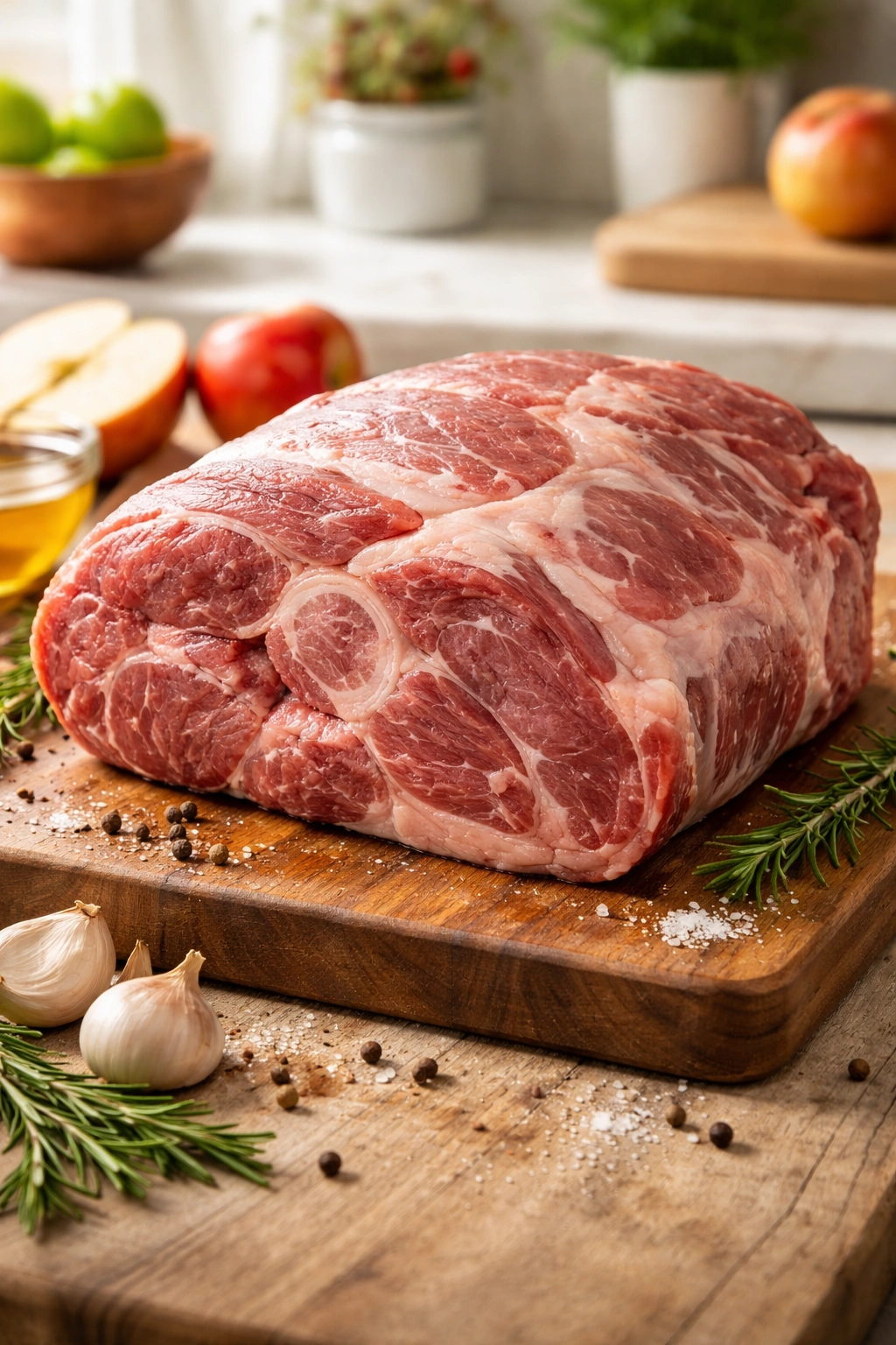 Bone-in pork shoulder on cutting board showing marbling.