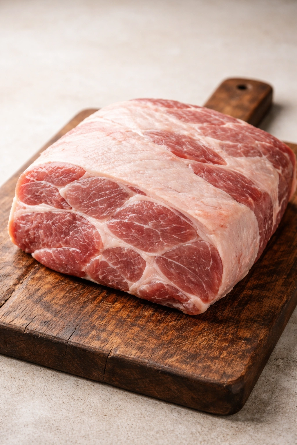 Raw pork shoulder with visible fat cap on cutting board