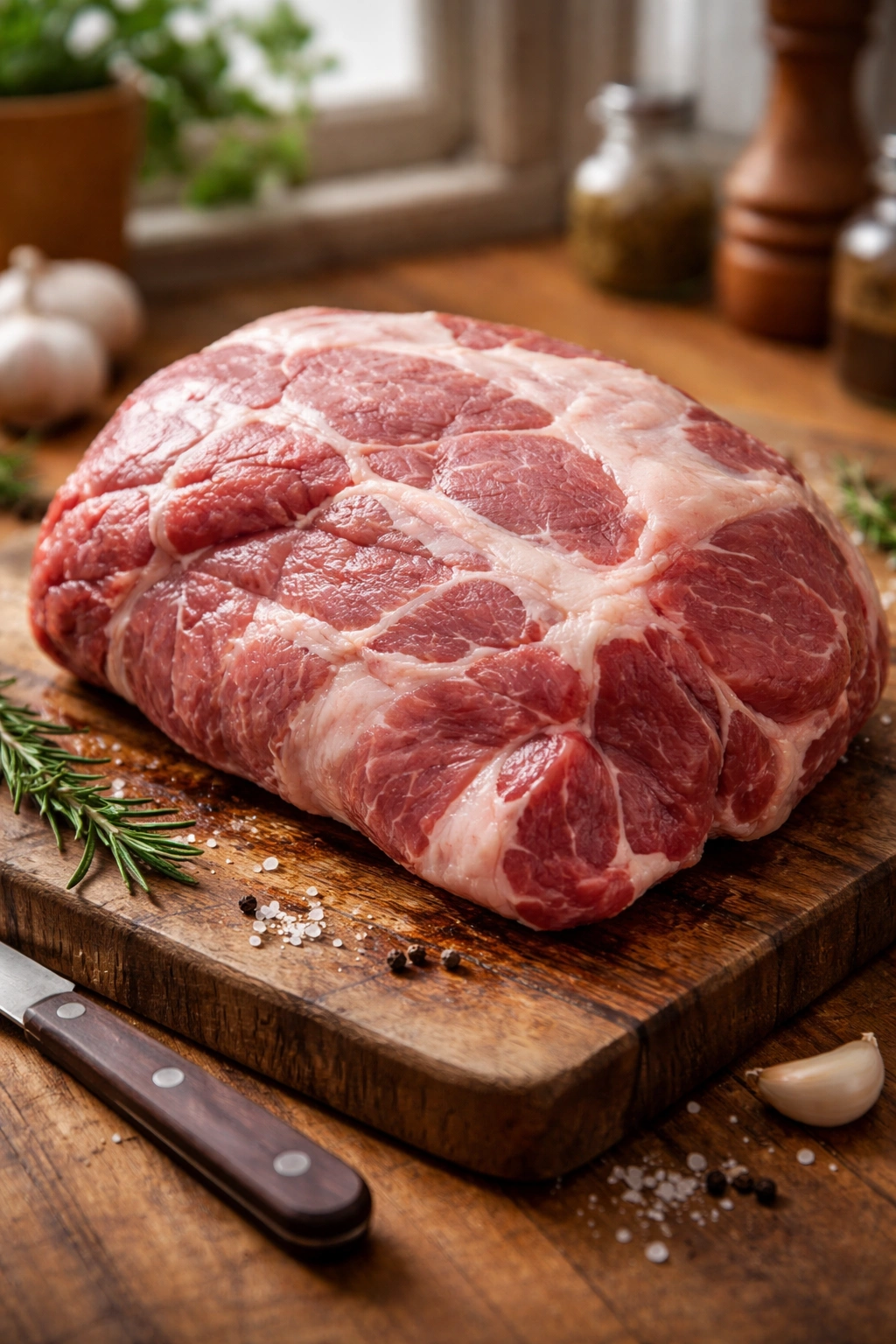 Close-up of marbled pork shoulder roast showing white fat marbling