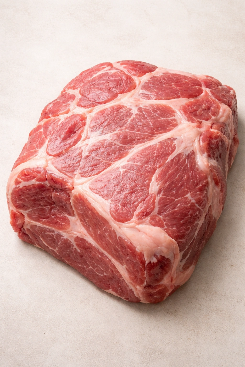 Raw pork shoulder with marbling on a neutral surface