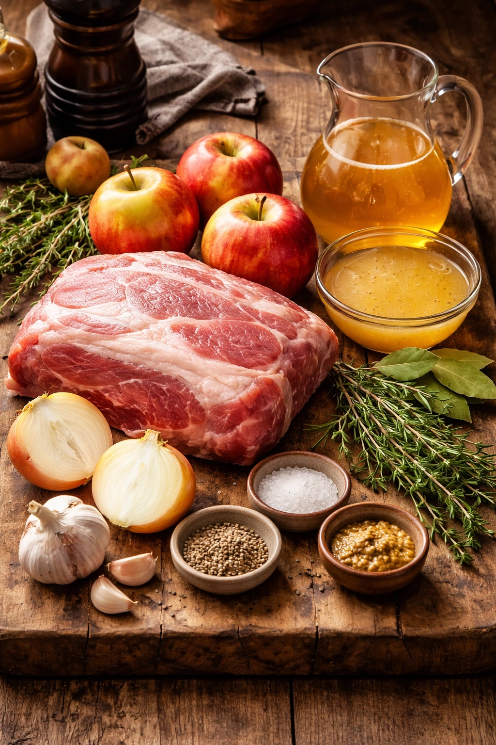 Arrangement of pork shoulder, onions, garlic, apples and herbs for braising.